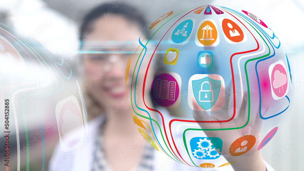 Fototapete metaverse technology concepts. touching to virtual world, big data with internet connection for meta