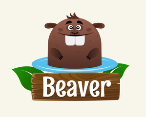 Funny illustration of a bathing beaver. Funny mascot or logo for a construction company.