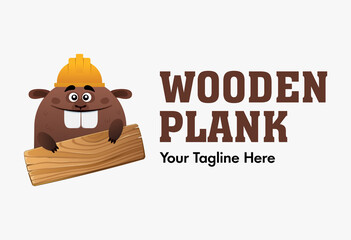 Funny cute beaver holding wooden plank in yellow helmet. Funny mascot or logo for a construction company. - obrazy, fototapety, plakaty