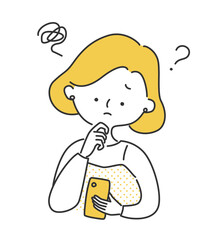 スマートフォンを見ながら悩む女性