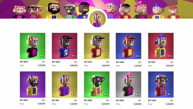 Example of NFT marketplace page.  NFT Avatars. NFT 3d collection of volumetric characters on colored backgrounds. Digital art. In-game assets for metaverse. Fake page. Non-fungible token.