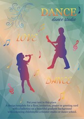 Design template for a flyer, invitation, poster or greeting card. Girl sings, a boy plays the guitar. beautiful background with triangles for a theater studio or a dance school. Musical notes