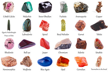 beautiful collection of geological minerals on a white background