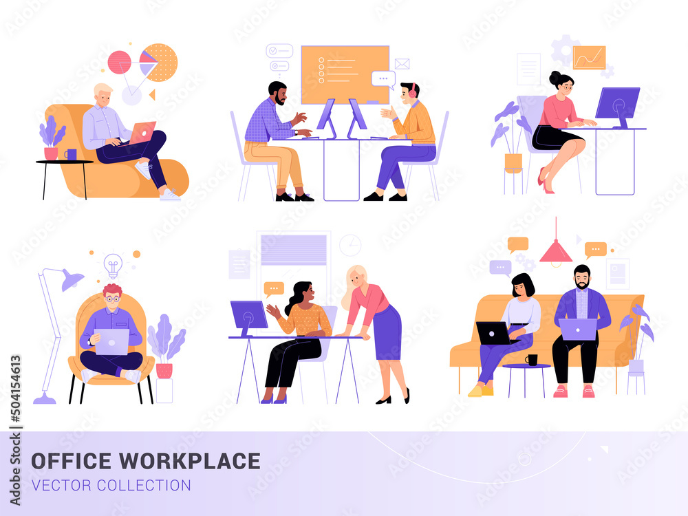 Poster office workplaces collection. vector illustration of diverse office workers using their laptops and 