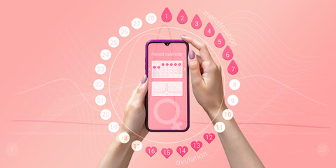 Menstrual cycle tracker mobile app on the smartphone screen in the hands of a woman. Modern technologies for tracking women's health, pregnancy planning - obrazy, fototapety, plakaty