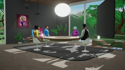 People communicate in the metaverse. Employees meet and talk in a virtual office meeting room on a sunny day. VR work space with NFT pictures and 3d furniture. - Powered by Adobe