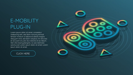 Isometric e-mobility plug with rainbow gradient on blue background. Extended with different shapes
