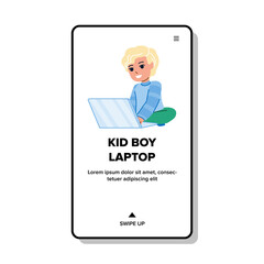 Kid Boy Laptop Using For Enjoying Movie Vector. Preschool Kid Boy Laptop Use For Reading E-book Or Watching Video Film Online. Character Child Technology Web Flat Cartoon Illustration