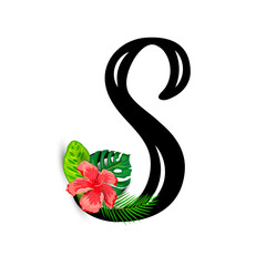 Hand drawn letter S with tropical leaves and hibiscus flower isolated on white background. Vector illustration.