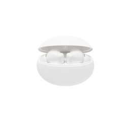 White wireless earbuds in round charging case isolated