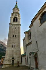 The famous Basilica Minore dei Santi Filippo e Giacomo, a Roman Catholic basilica located in Cortina d'Ampezzo, Italy.