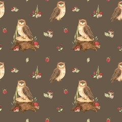 Seamless watercolor pattern on the theme of autumn and cute animals with little owls, branches with leaves, wild berries, twigs, stumps, mushrooms and decor for your design in high quality
