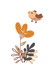 A cute concept in cartoon style. Kind bird and flower in boho style in a pastel palette. Design for a children's party, website, poster, invitation, nursery, clothing, packaging, gift, postcard.