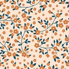 Simple vintage pattern. Terracotta flowers , blue leaves .beige background. Fashionable print for textiles, wallpaper and packaging.