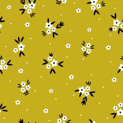 Simple vintage pattern. Small white flowers and dots, black leaves. Mustard background. Fashionable print for textiles, wallpaper and packaging.