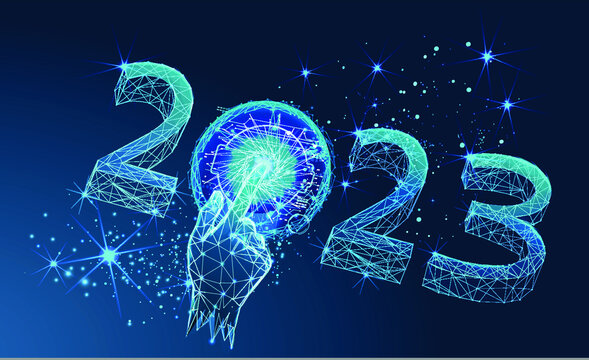 2023. Happy new year 2023 banner design. 2022 Happy new year greeting poster with hand. Geometric polygonal 2022 new year greeting card. Vector firecracker background. Low polygon.