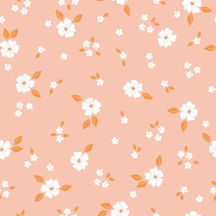 Simple vintage pattern. white flowers, orange leaves. Pink background. Fashionable print for textiles, wallpaper and packaging.