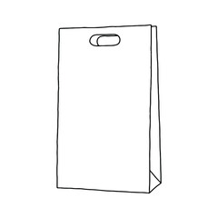 Paper bag with square cut-out handles. Packaging template mock up. Delivery service concept. Copy space. Linear, vector, realistic, outline illustration.