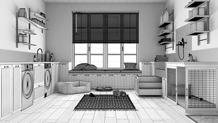 Unfinished project draft, pet friendly laundry room, mudroom with cabinets and equipment. Dog shower bath with ladder, dog bed and carpet, window with bench. Interior design concept
