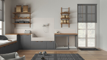 Space devoted to pet, pet friendly laundry room in gray and wooden tones with appliances and dog bath shower. Shelves with dog food, dog bed with gate. Modern interior design idea