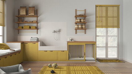 Space devoted to pet, pet friendly laundry room in yellow and wooden tones with appliances and dog...