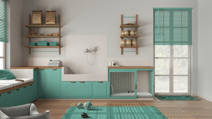 Space devoted to pet, pet friendly laundry room in turquoise and wooden tones with appliances and dog bath shower. Shelves with dog food, dog bed with gate. Modern interior design