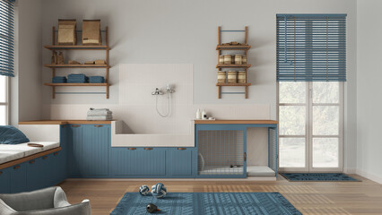Space devoted to pet, pet friendly laundry room in blue and wooden tones with appliances and dog bath shower. Shelves with dog food, dog bed with gate. Modern interior design idea