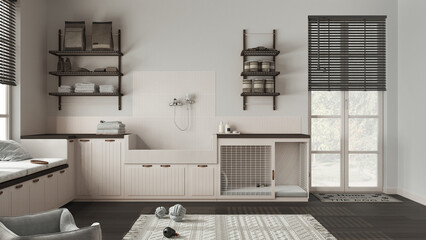 Naklejka na ściany i meble Space devoted to pet, pet friendly laundry room in dark and wooden tones with appliances and dog bath shower. Shelves with dog food, dog bed with gate. Modern interior design idea