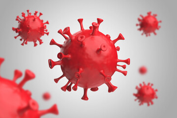 Coronavirus 3d render. Covid red on grey background.