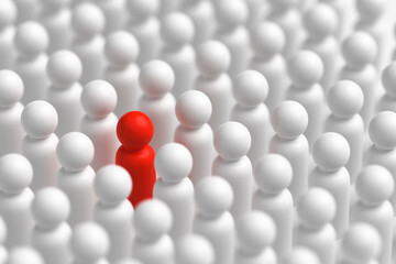 Figures of people with one standing out from the crowd on a white background. Selective focus. 3d rendering.