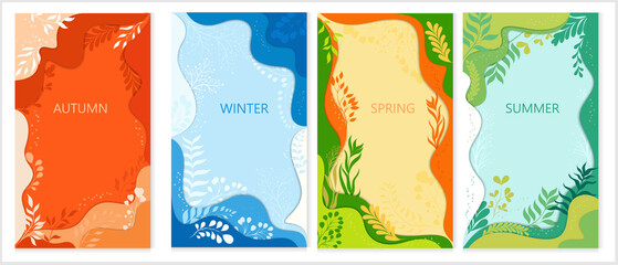 Four vector backgrounds with plants and twigs. Seasons of the year.Paper cut background.	