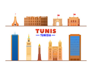 Fototapeta premium Tunis, ( Tunisia ) landmarks vector illustration on white background. Business travel and tourism concept with modern buildings. Image for presentation, banner, web site.