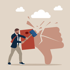 Businessman holding hammer hitting dislike thumb down mark with cracks.