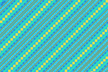 The fabric pattern is digitally designed with bright tones and slanting patterns formed from geometric angles. Used in textiles or embroidery