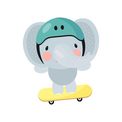 Cute Elephant on the skateboard. Cartoon style. Vector illustration. For card, posters, banners, children books, printing on the pack, printing on clothes, fabric, wallpaper, textile or dishes.