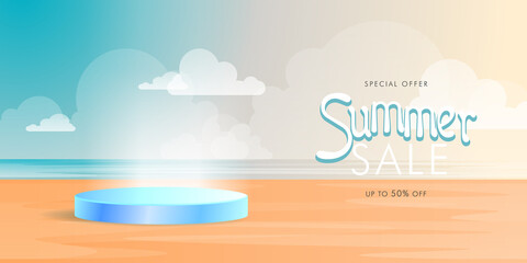Summer sale colorful banner background with beach vibes decorate. Product presentation, mock up, show cosmetic product, Podium, stage pedestal or platform. Vector Illustration.