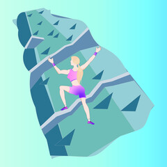 A slender blonde in a sports uniform climbs up the cliff
