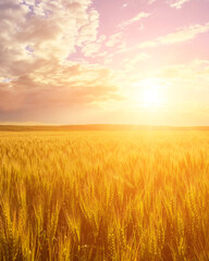 Fototapeta na wymiar Sunset or sunrise in a rye or wheat agricultural field in summer.