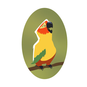 cartoon isolated animal - parrot sitting looking and resting - illustration for children, bird on a branch