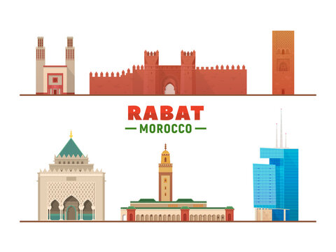 Rabat Morocco city landmarks in white background. Vector Illustration. Business travel and tourism concept with modern buildings. Image for presentation, banner, placard and web site.
