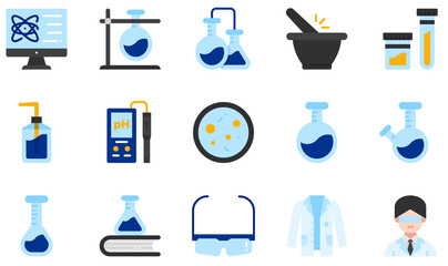 Set of Vector Icons Related to Chemistry Lab. Contains such Icons as Test Tube, Chemistry, Urine Sample, Ph Meter, Flask, Lab Coat and more.