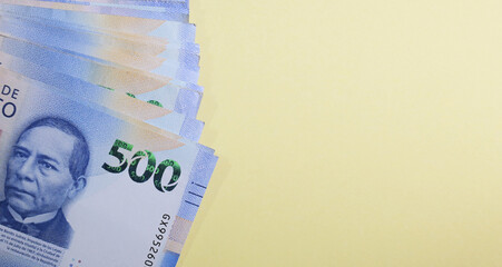 Mexican peso background with Copy space. Banknote. Foreign exchange. Five hundred mexican pesos.  Financial business concept. Mexican Peso Bills. high denomination