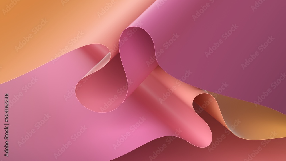Wall mural 3d render, abstract background with folded paper scrolls, modern wallpaper with yellow pink gradient
