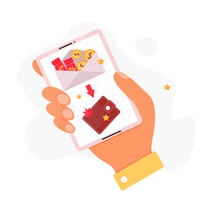 Customer loyalty program concept illustration. Hand is holding a smartphone with loyalty program application. Vector flat illustration.