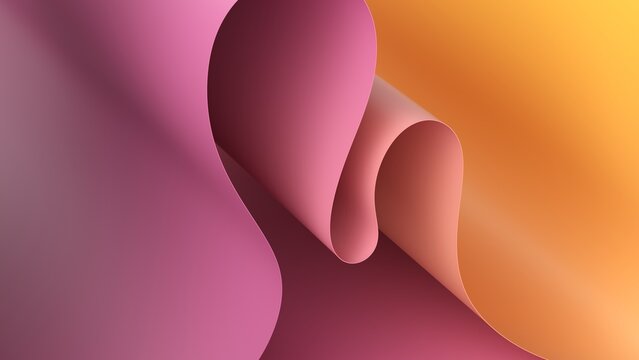 3d render. Abstract modern minimal pastel peachy pink background with paper scroll, curvy ribbon edge, folded wallpaper