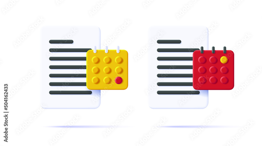 Poster 3d icon of document file with calendar in red and yellow. vector illustration