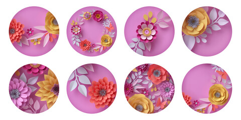 3d render, collection of round floral stickers isolated on white background. Pink red yellow paper flowers: rose dahlia daisy