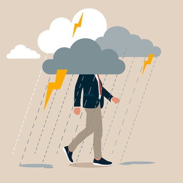 Depressed businessman walking with cloudy thunderstorm and rainy around his face. Business problem, obstacle or risk to overcome and succeed, insurance or catastrophe and disaster business day concept