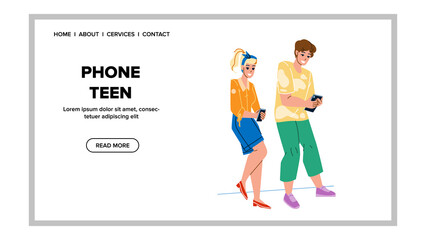 Mobile Phone Teens Using For Communication Vector. Electronic Gadget Phone Teens Use For Searching Information In Internet And Playing Video Game. Characters Smartphone Web Flat Cartoon Illustration