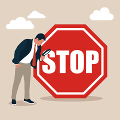Businessman with magnifying monitor and investigate incident with exclamation stop sign. Incident management, root cause analysis or solving problem, identify risk or critical failure concept. - obrazy, fototapety, plakaty